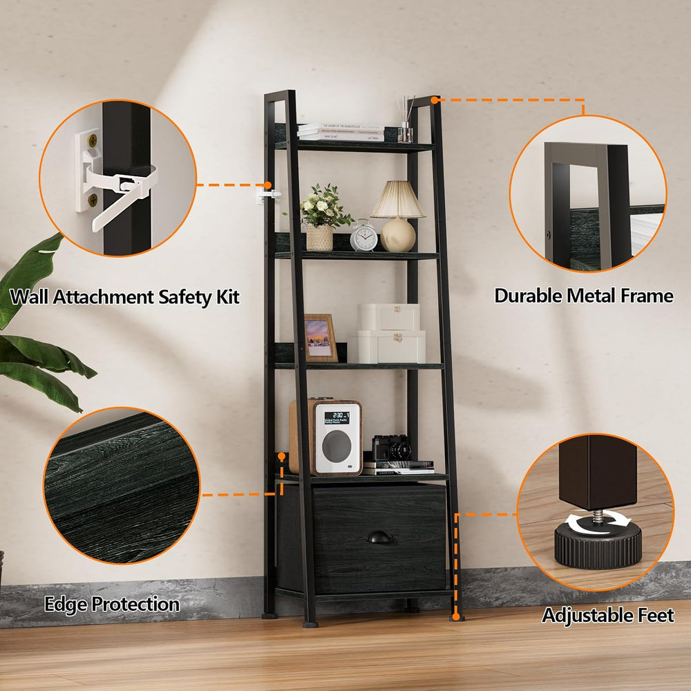 Furologee Ladder Shelf, 5 Tier Bookshelf with Fabric Drawer, Black Oak
