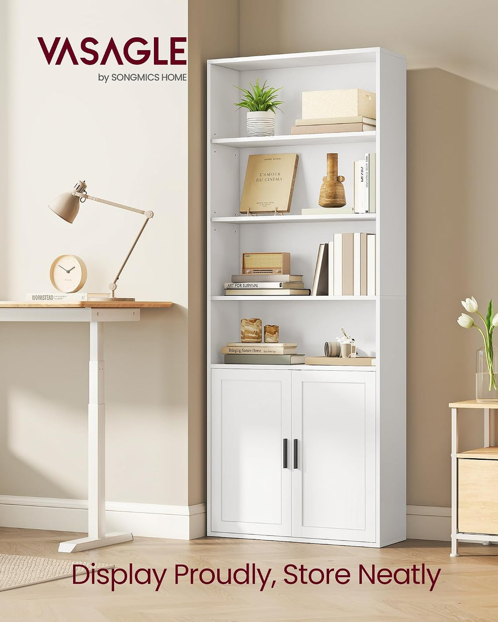 VASAGLE 6-Tier Bookshelf with Doors, 23.6 x 9.4 x 68.9 Inches