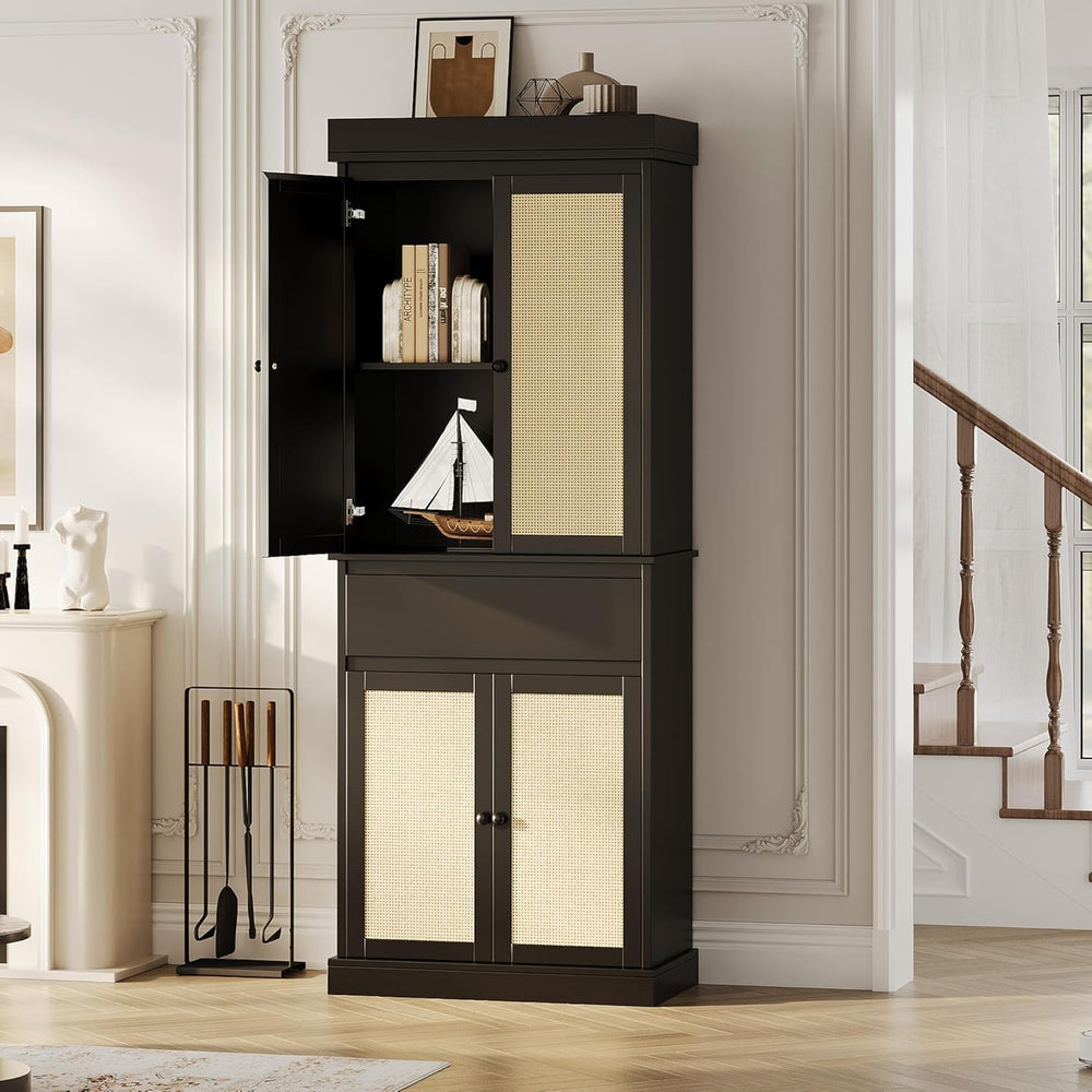 Tall Kitchen Pantry Cabinet - Rattan Doors, Adjustable Shelves, Freestanding ...