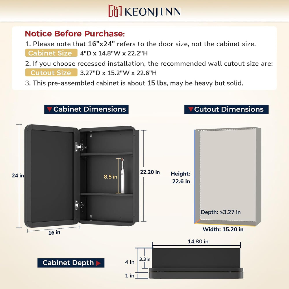 Keonjinn 16" x 24" Black Medicine Cabinet Mirror, Stainless Steel F...