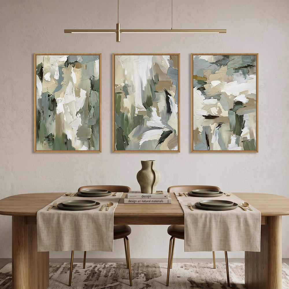Large Abstract Green Beige Framed Canvas Wall Art Set,Neutral Brush Stroke Wa...