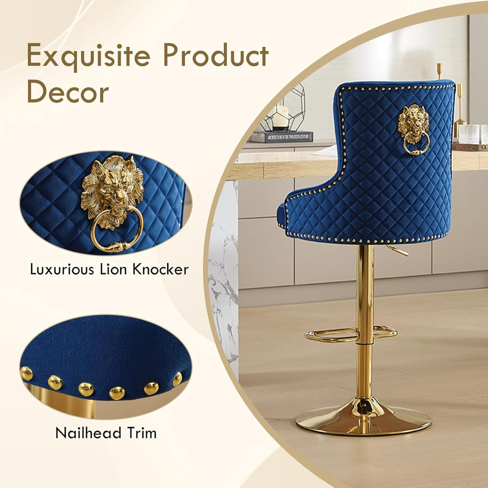 Gold Barstools Set of 4,Velvet Swivel Bar Height Stools with Lion Pull Ring,U...