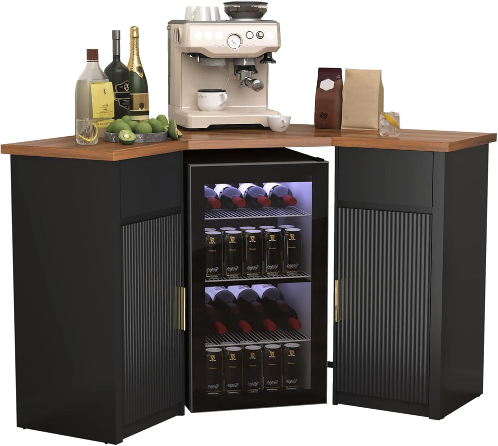 GDLF Corner Coffee Bar with Fridge Space, L Shaped Liquor Cabinet,Black | L-S...