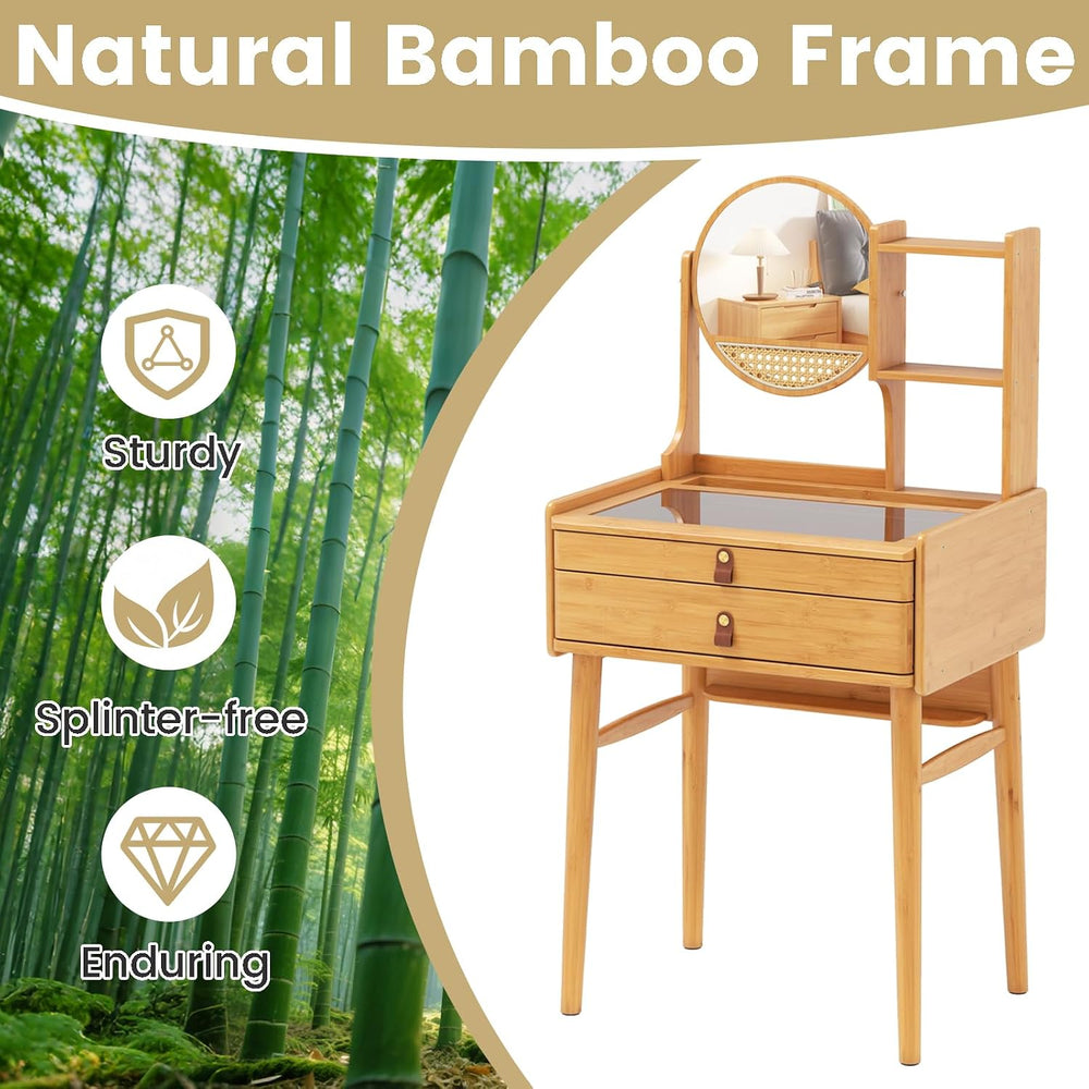 GOFLAME Bamboo Vanity Table with Adjustable Mirror, Small Makeup Vanity with ...