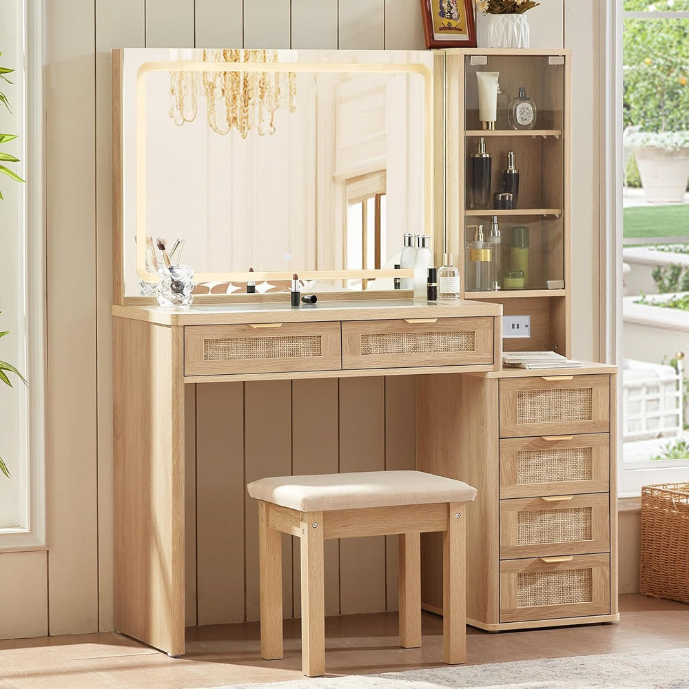 LEYAOYAO Rattan Makeup Vanity Desk with Stool, Mirror and Lights | Power Outl...