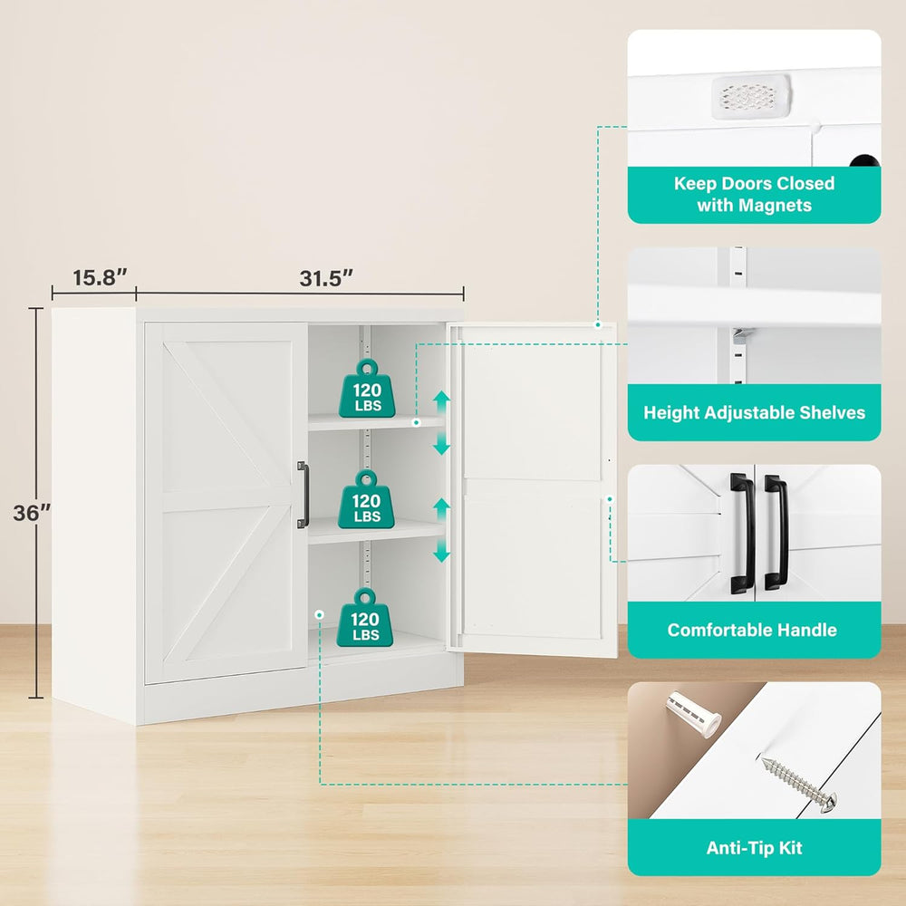 White Storage Cabinet with Doors and Adjustable Shelves,36" Farmhouse Fo...