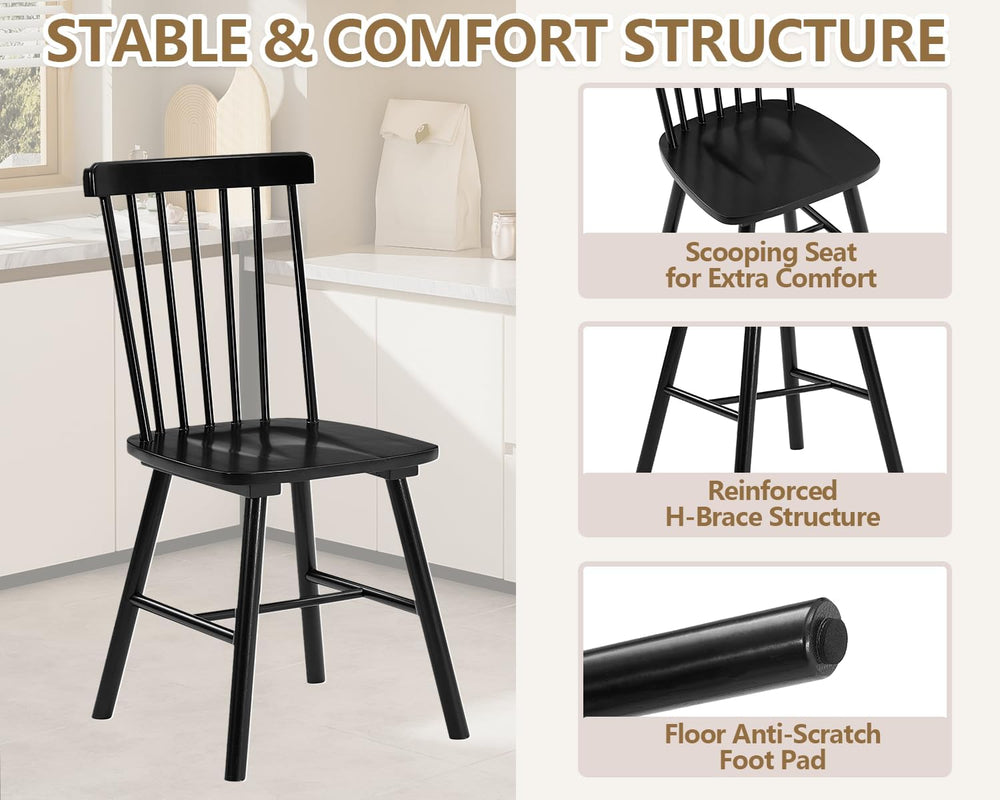 PrimeZone Windsor Dining Chairs Set of 4 with Spindle Back, Black | Solid Rub...