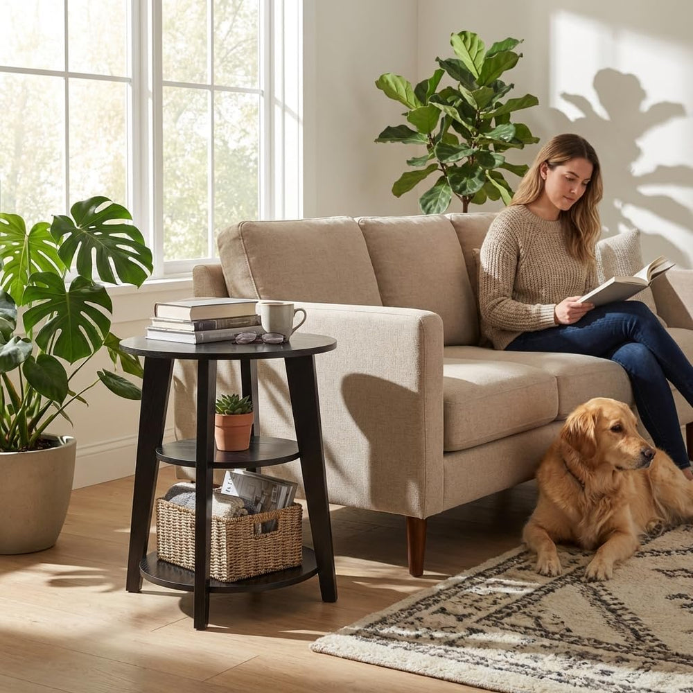3-Tier Round Side Table - 23.6" Tall End Table with Storage Shelves - Wa...