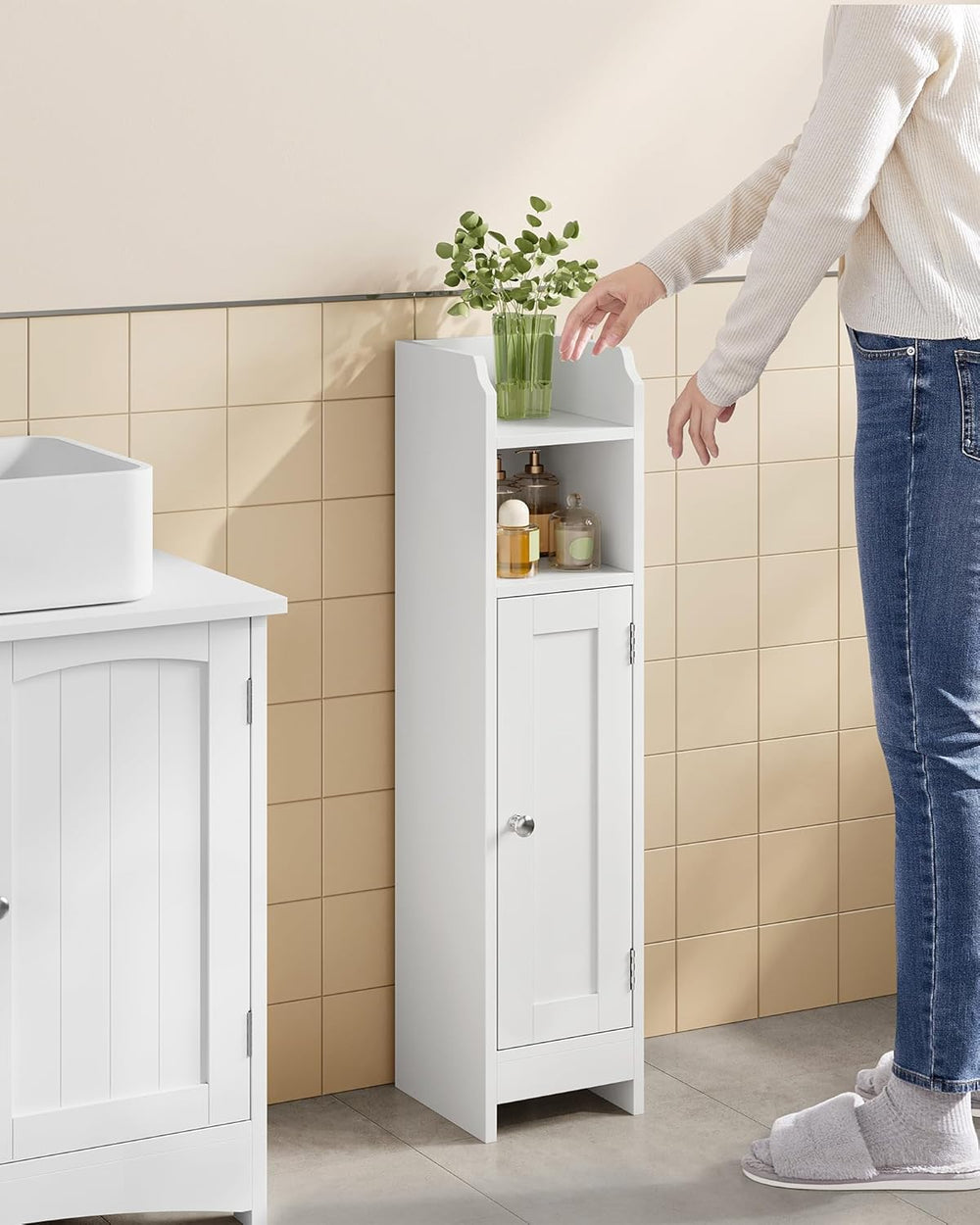 VASAGLE Small Storage Corner Floor Cabinet with Door, 7.9 x 7.1 x 31.5 Inches...
