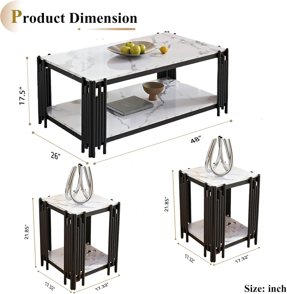 Marble Coffee Table Set of 3, Elegant White Faux Marble Coffee Table End Tabl...