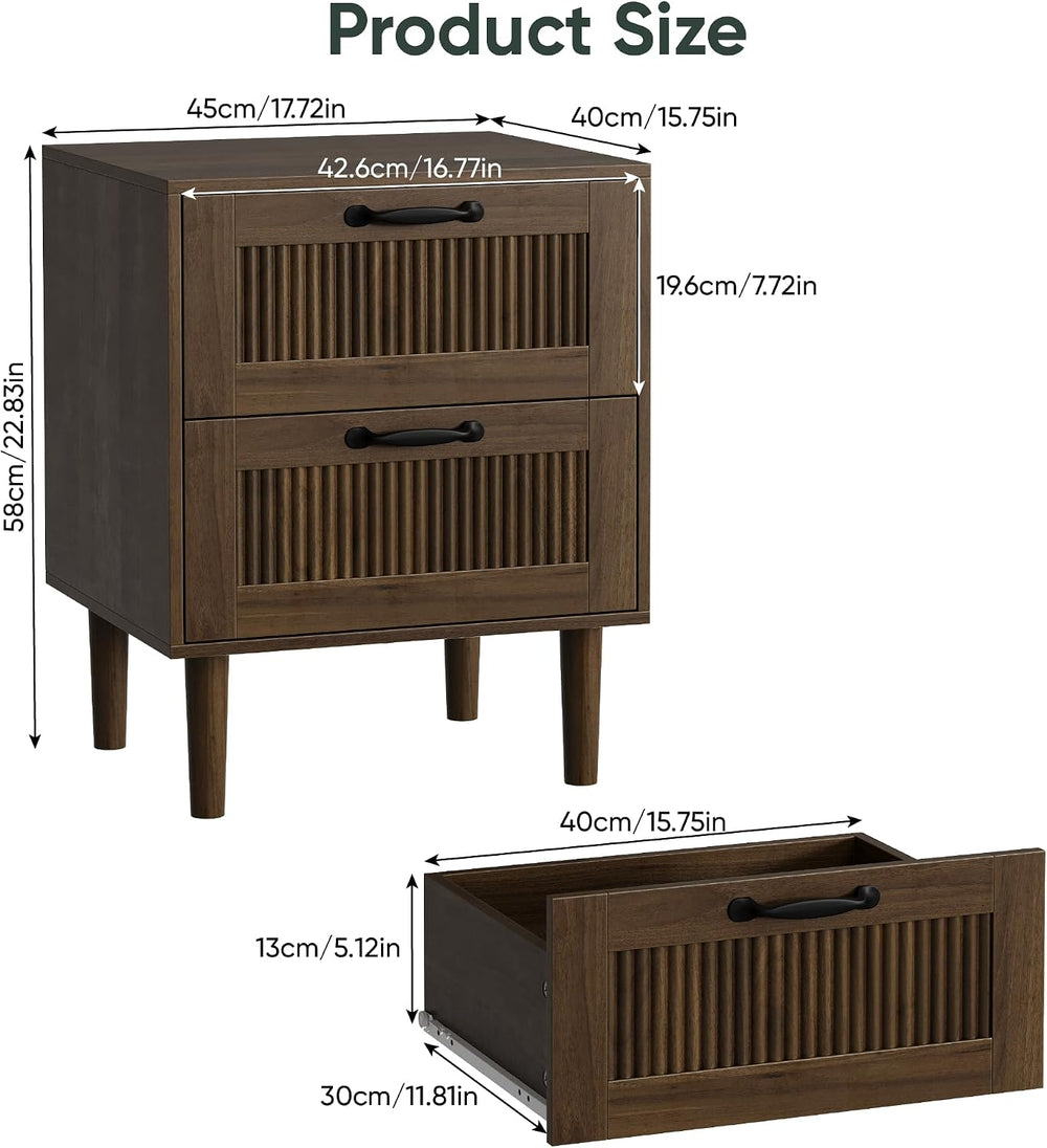 Smart FENDEE Fluted Nightstand with 2 Drawers, Bedside Table with Solid Wood ...
