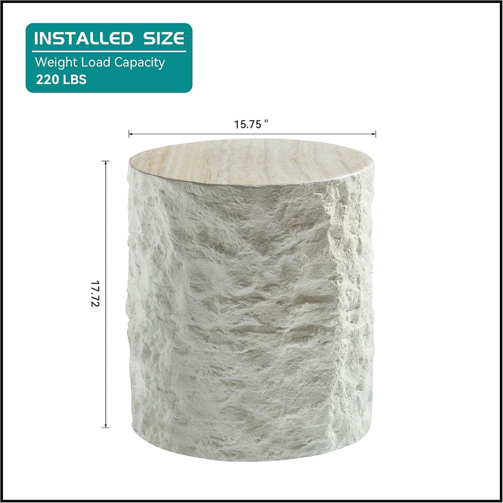 Round Side Table End Table for Living Room, Modern Contemporary Faux Stone St...