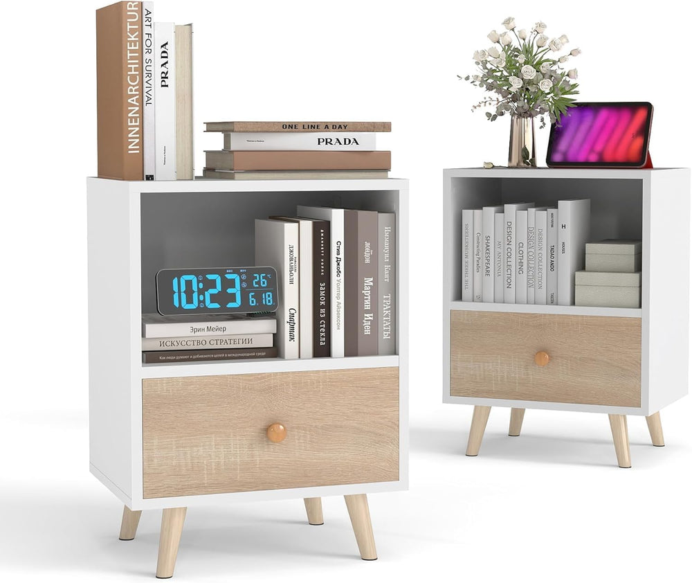 JAXPETY End Tables Set of 2, Night Stand with Drawer and Open Storage Shelf, ...