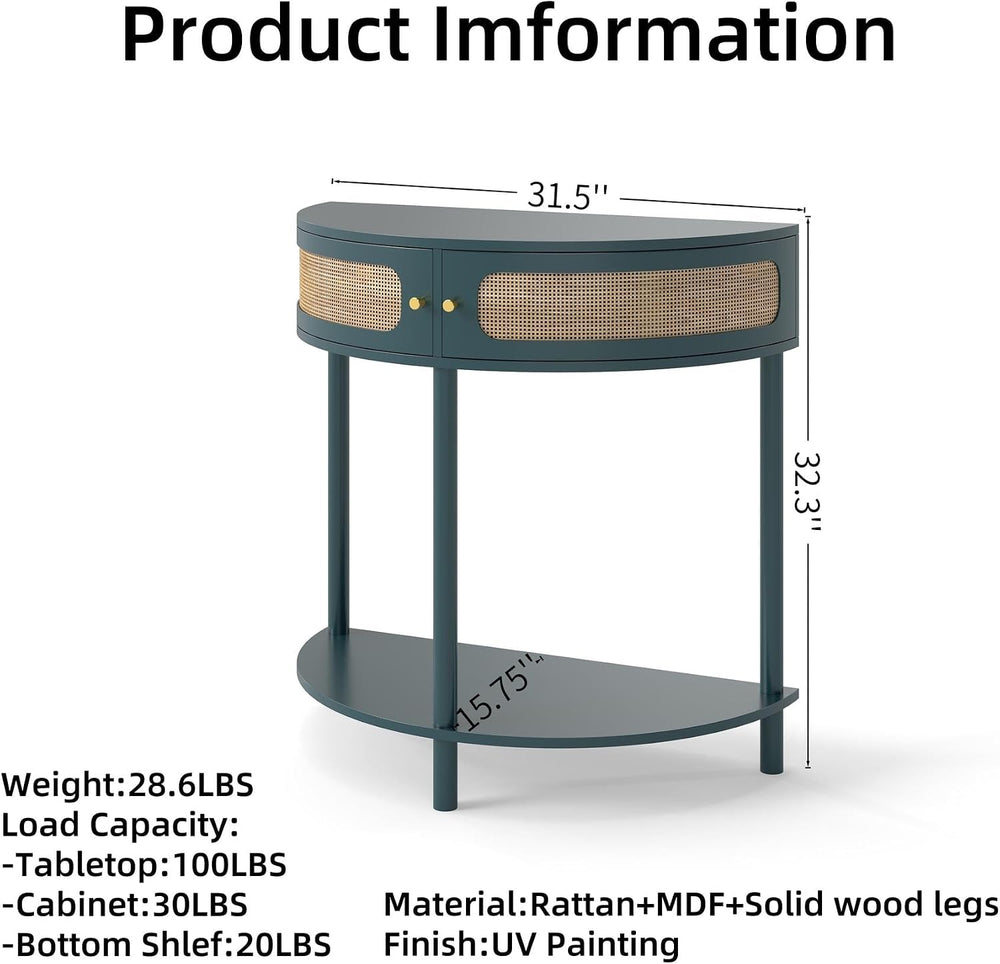 Unique Half Moon Console Table with Rattan Doors, 31.5" Rattan End Table...
