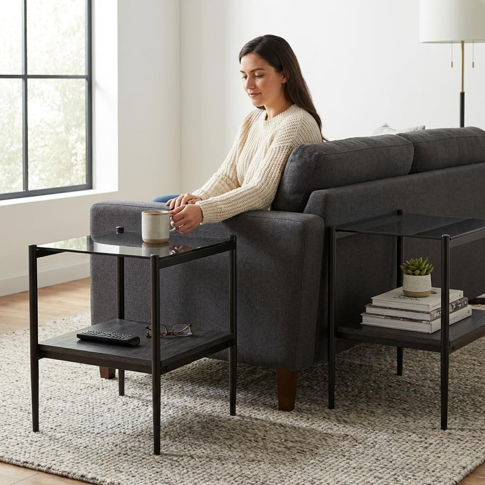 Set of 2 Rectangle End Tables, Modern Living Room Glass End Table Side Tables...