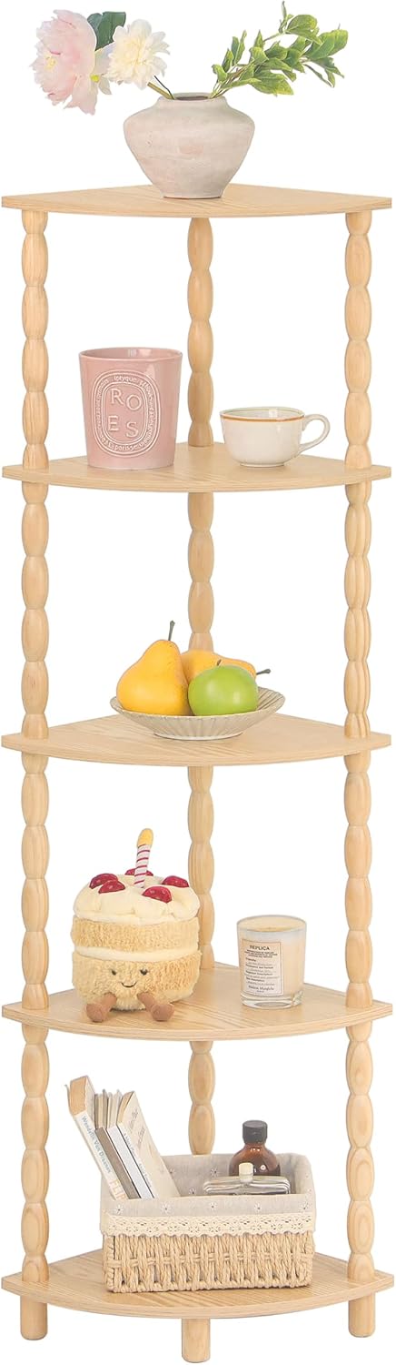 Corner Shelf, 5-Tier Corner Bookshelf for Small Spaces, Stylish Corner Storag...