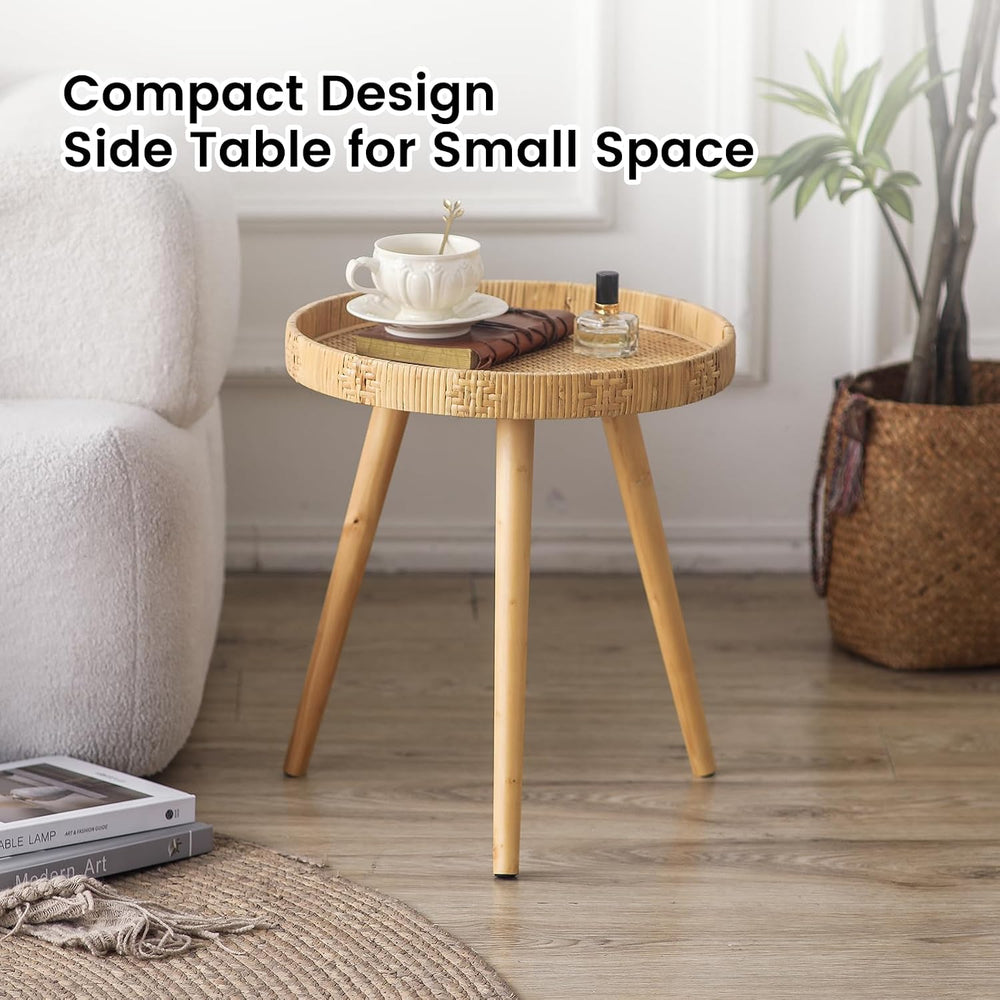 Round Side Table, Boho Circle End Table Coffee Table with Solid Wood Leg, Rat...
