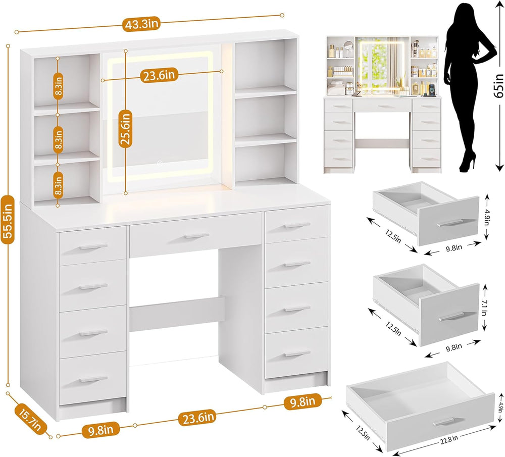 Vanity Desk with Mirror and Lights, Makeup Vanity Desk with 9 Drawers & 6...