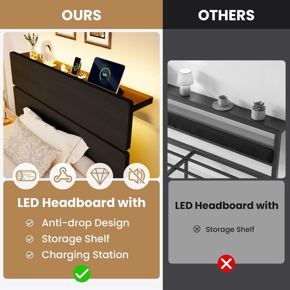 SHA CERLIN Twin Size Bed Frame, Led Light, Charging Station, Storage Shelf