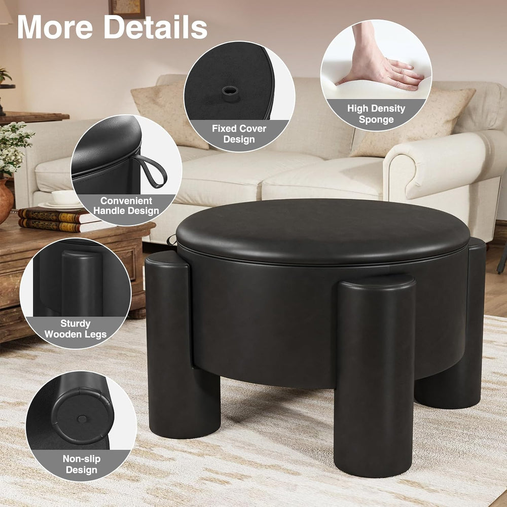 FiveWillowise Round Ottoman Coffee Table with Storage,24" Faux Leather S...