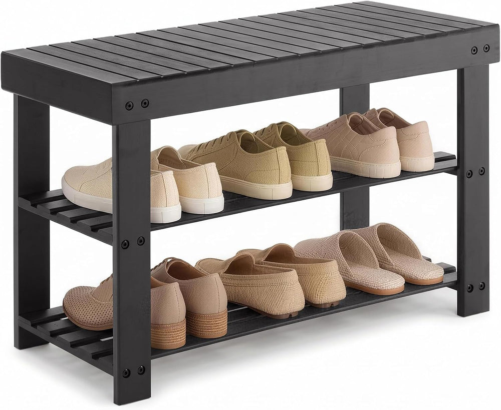 NEWBULIG Shoe Rack Bench, 3-Tier Bamboo Shoe Organizer, Wooden Entryway Stora...