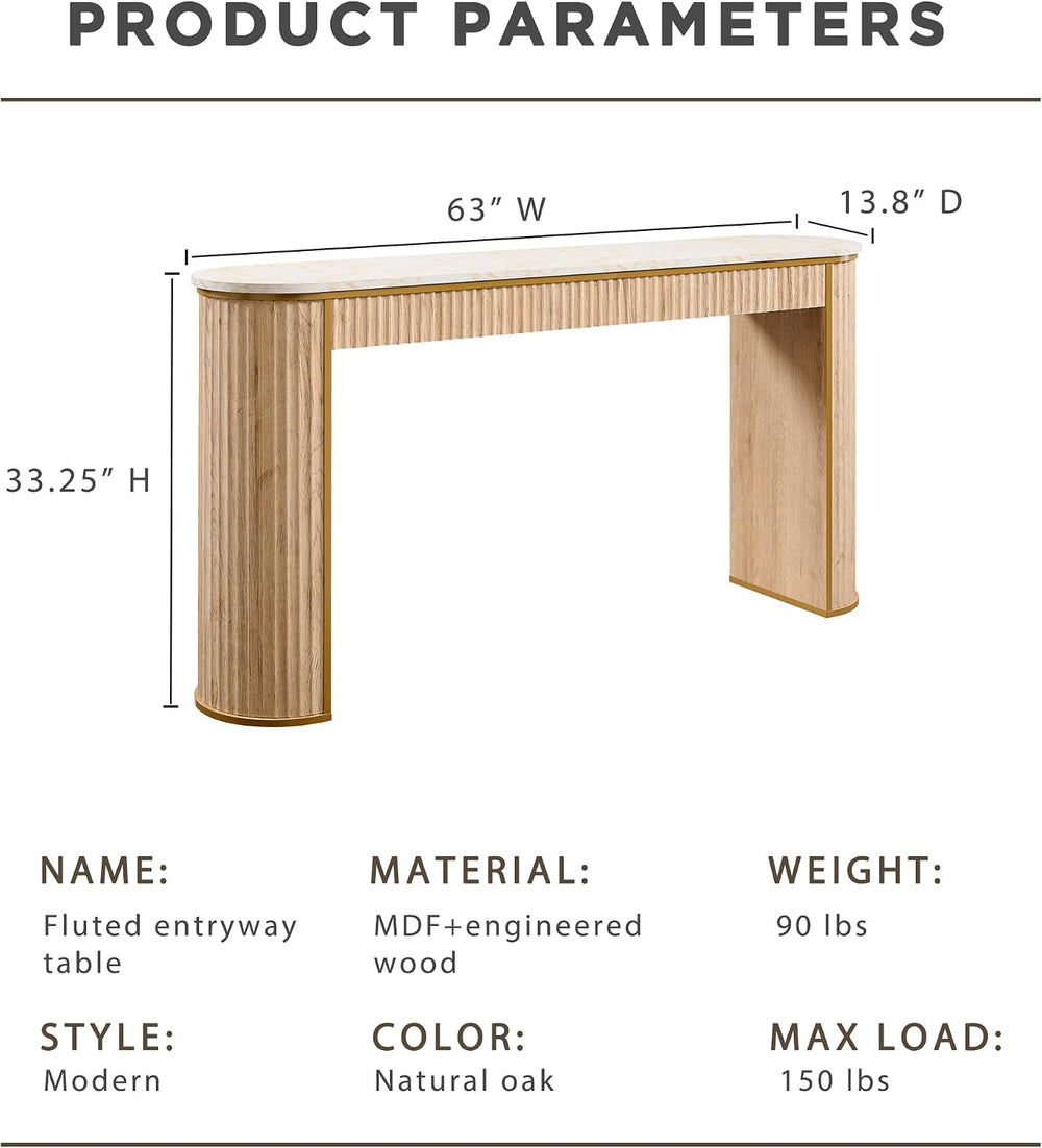 OKD 63-Inch Fluted Console Table, Narrow Entryway Table, Natural Oak
