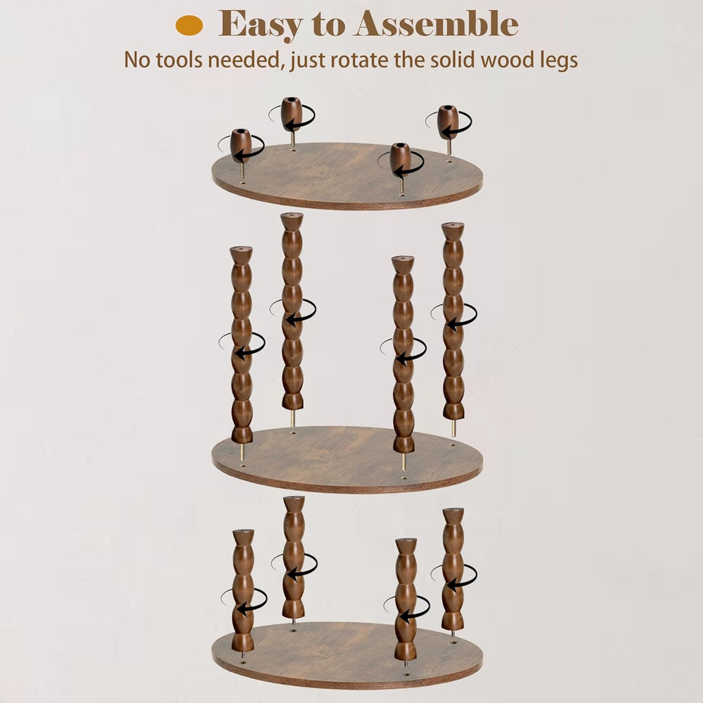 3-Tier Oval Side Table with Solid Wood Legs, Small End Table with Storage She...