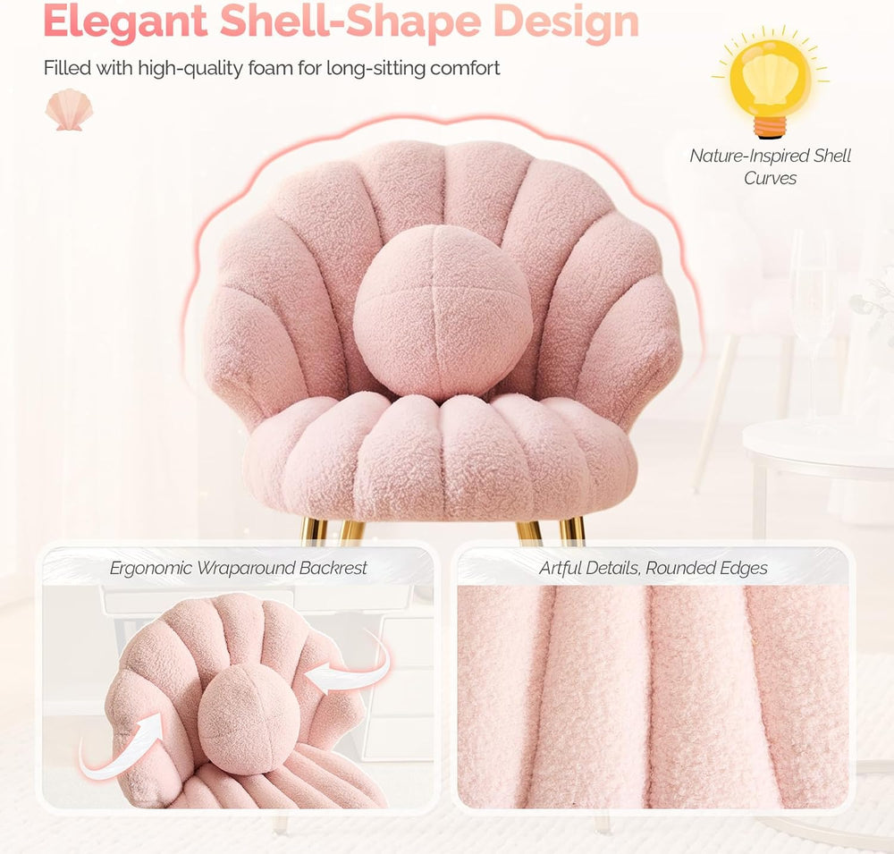 VINGLI Shell-Shaped Teddy Fleece Accent Vanity Chair with Back,Comfy Pink and...