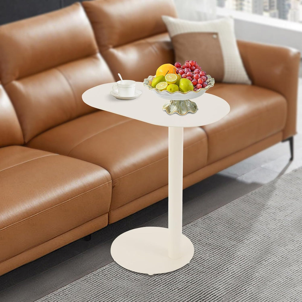 C-Shaped Side Table, Metal Coffee and Bedside Table, Small Cream White End Ta...