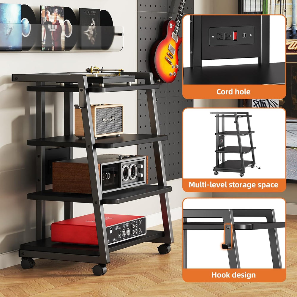 Mobile AV Media Stand with Outlets and 4 Rolling Caster Wheels