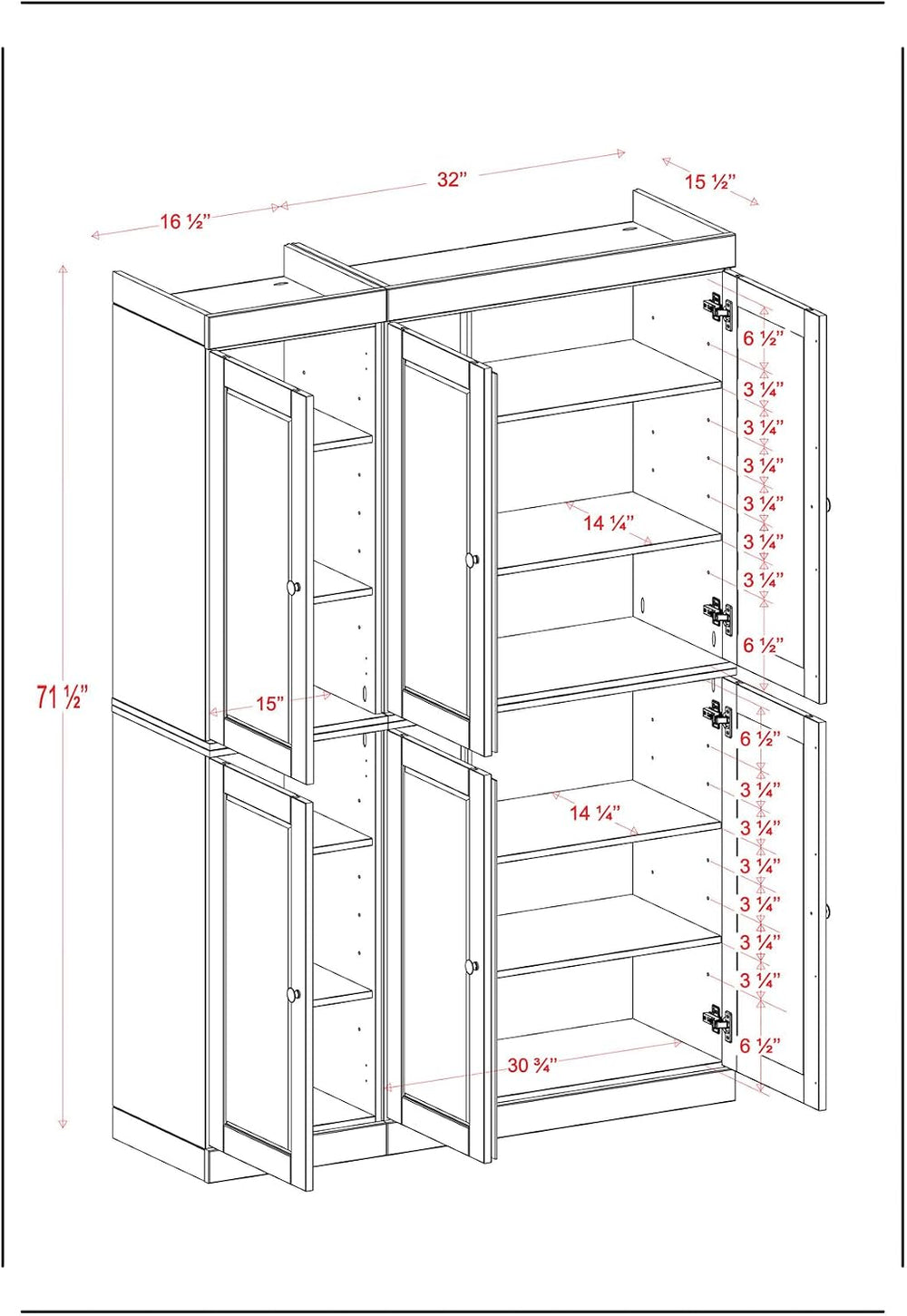 Palace Imports Solid Wood Kitchen Pantry Cabinet 71.5" Tall, 48.5" ...