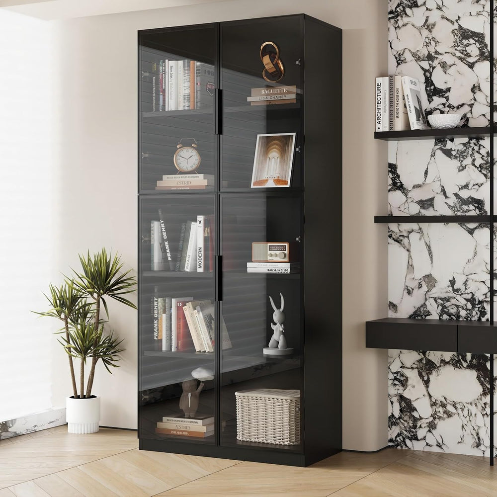 Mekminop Glass Door Cabinet with Lights and Shelves, Modern Display Storage C...