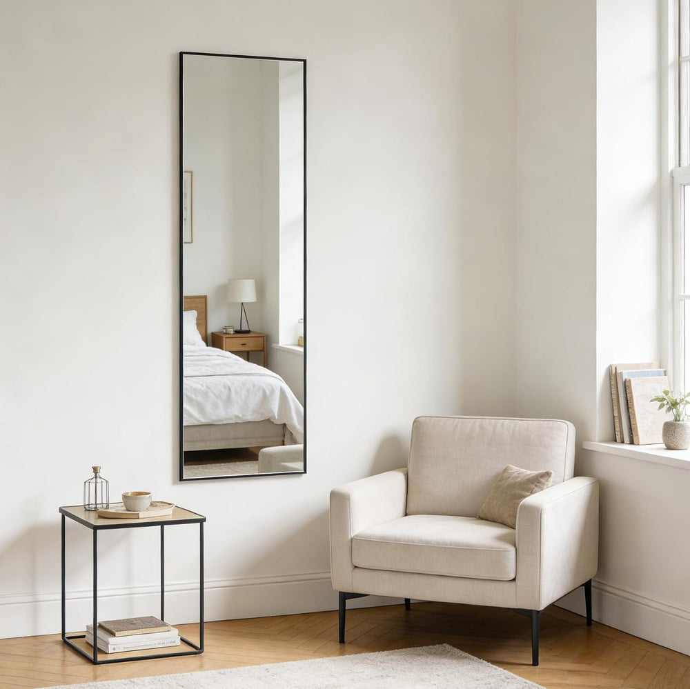 48x14 Inch Full Length Mirror Over the Door Hang or Wall Mounted Black