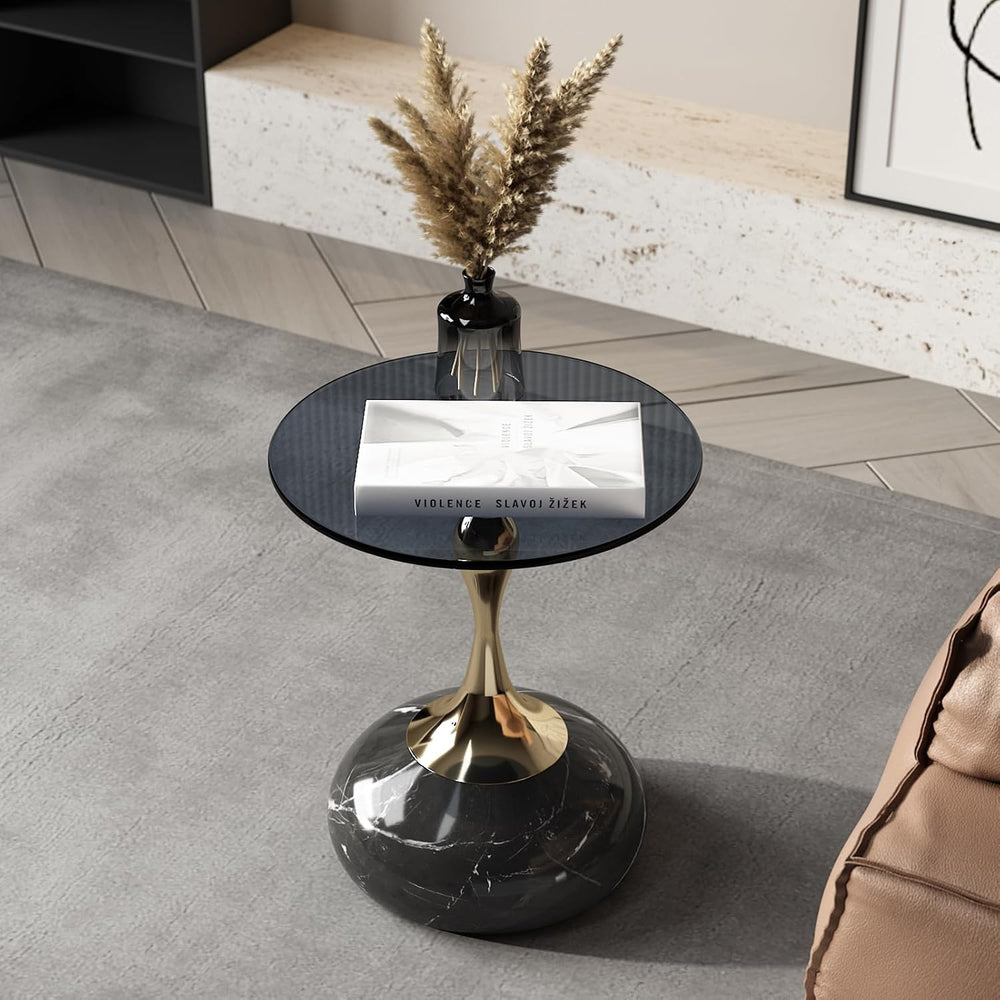 Lartis 10mm Gray Tempered Glass Side Table with Marble-Finish Base & Nano...