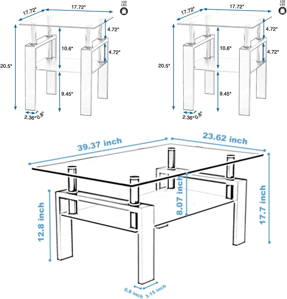 Glass Coffee Table Set of 3, 3-piece Living Room Tables with Tempered Glass a...
