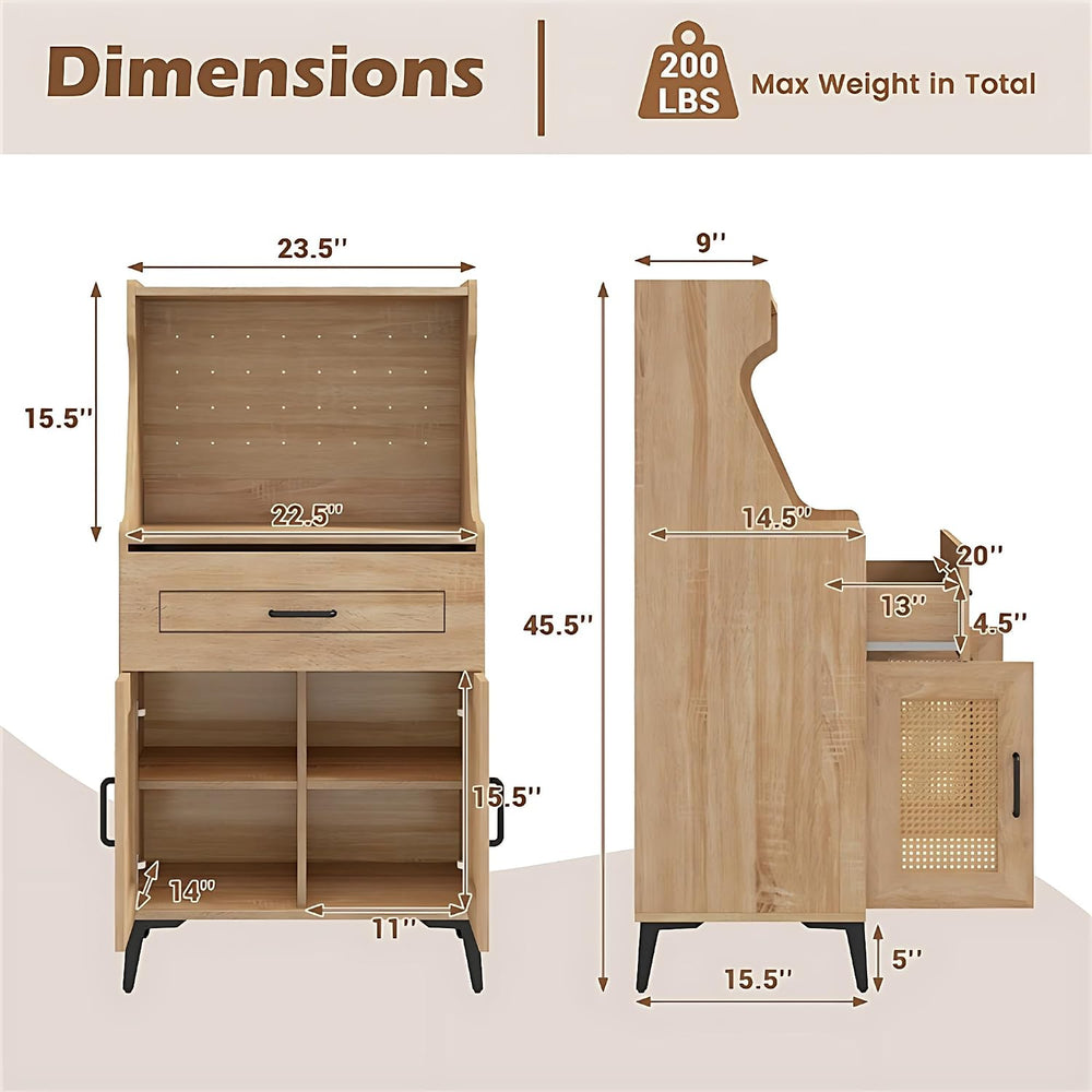 LDAILY Kitchen Pantry Cabinet, Rattan Buffet Cabinet with Hutch, DIY Pegboard...