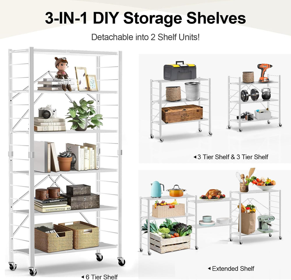 6-Tier Foldable Storage Shelves Expandable Shelf Wheels White 2-in-1