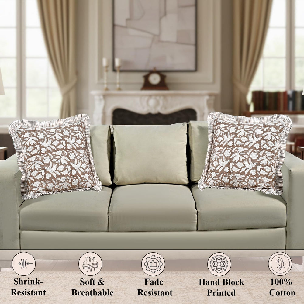 Ridhi Oak Brown Block Print Ruffle Pillow Covers 16x16 Inch Set of 2