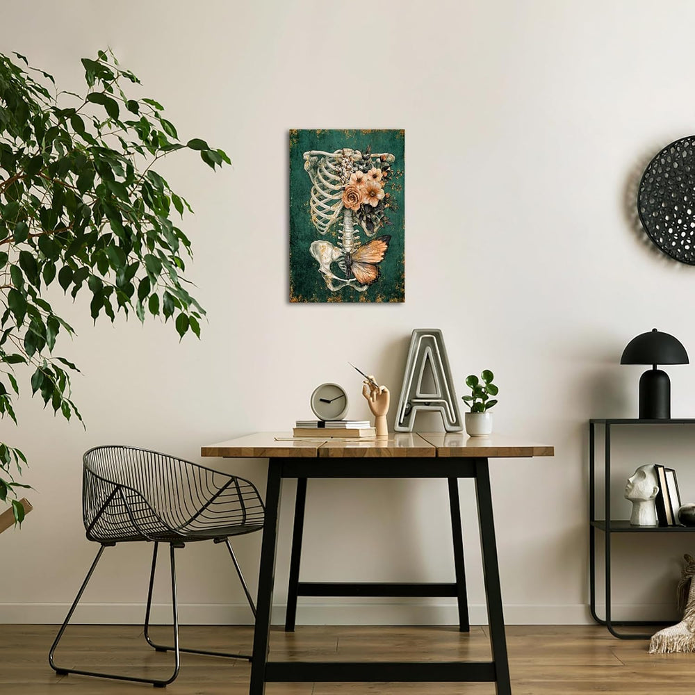 iKNOW FOTO Vintage Human Skull Canvas Wall Art, Floral Butterfly Skeleton Ana...
