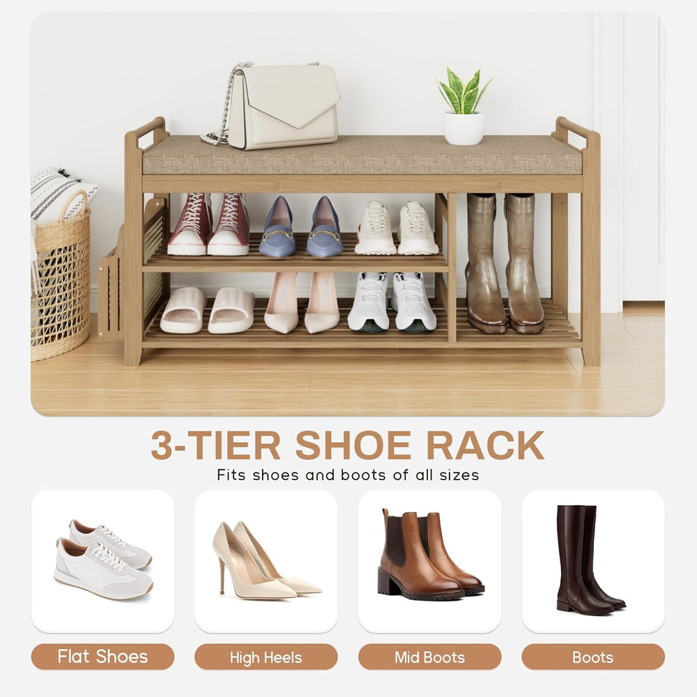 Homaxy 2-Tier Shoe Rack Bench with Side Holder, 39.4 in Bamboo Entryway Bench...