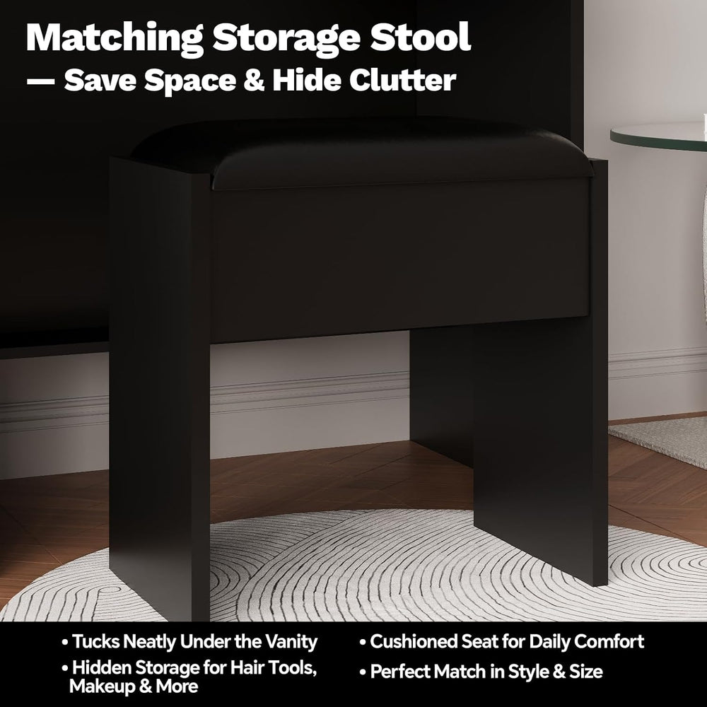 Black Makeup Vanity Desk with Mirror and Lights, Vanity Table Set with Chargi...