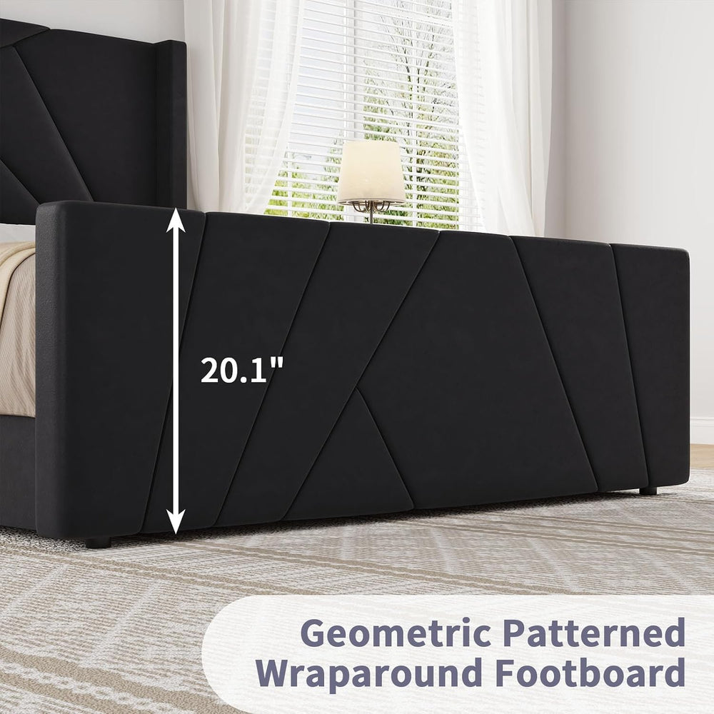 BarnFurin Queen Bed Frame with Geometric Wingback Headboard, Black