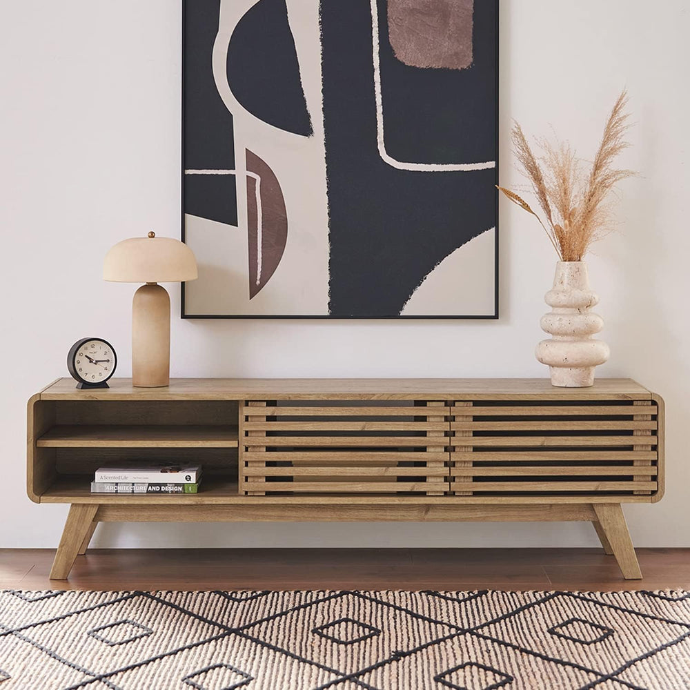 mopio Ensley 59" TV Stand with Slatted Door, Mid Century Modern Entertai...
