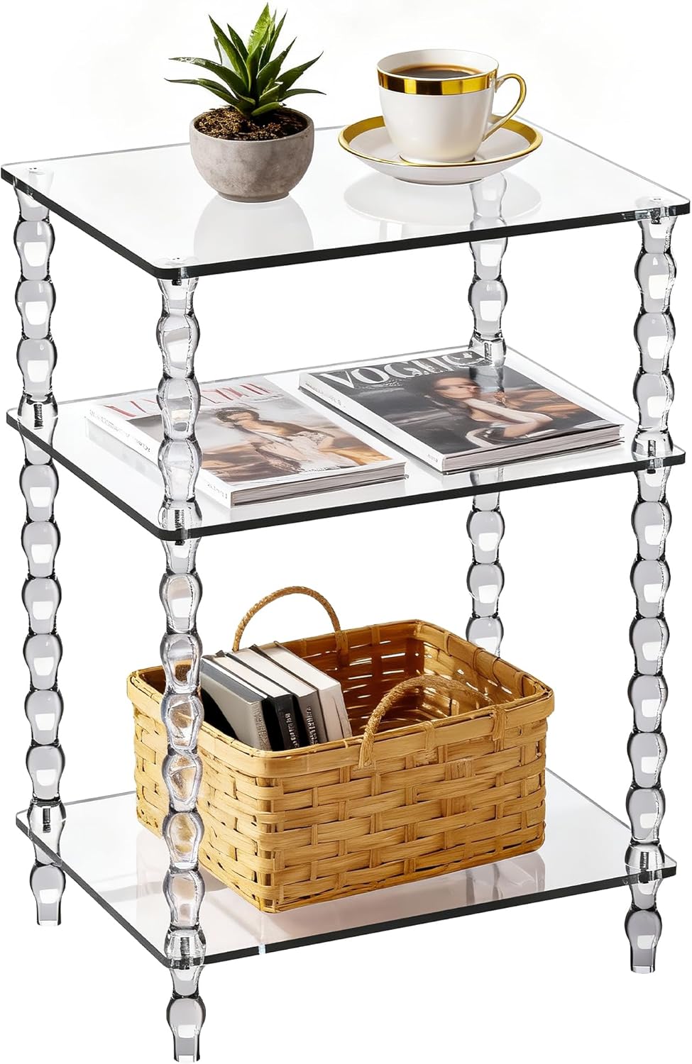 Acrylic Side Table Clear 3-Tier End Table for Living Room, Office, Hallway, B...