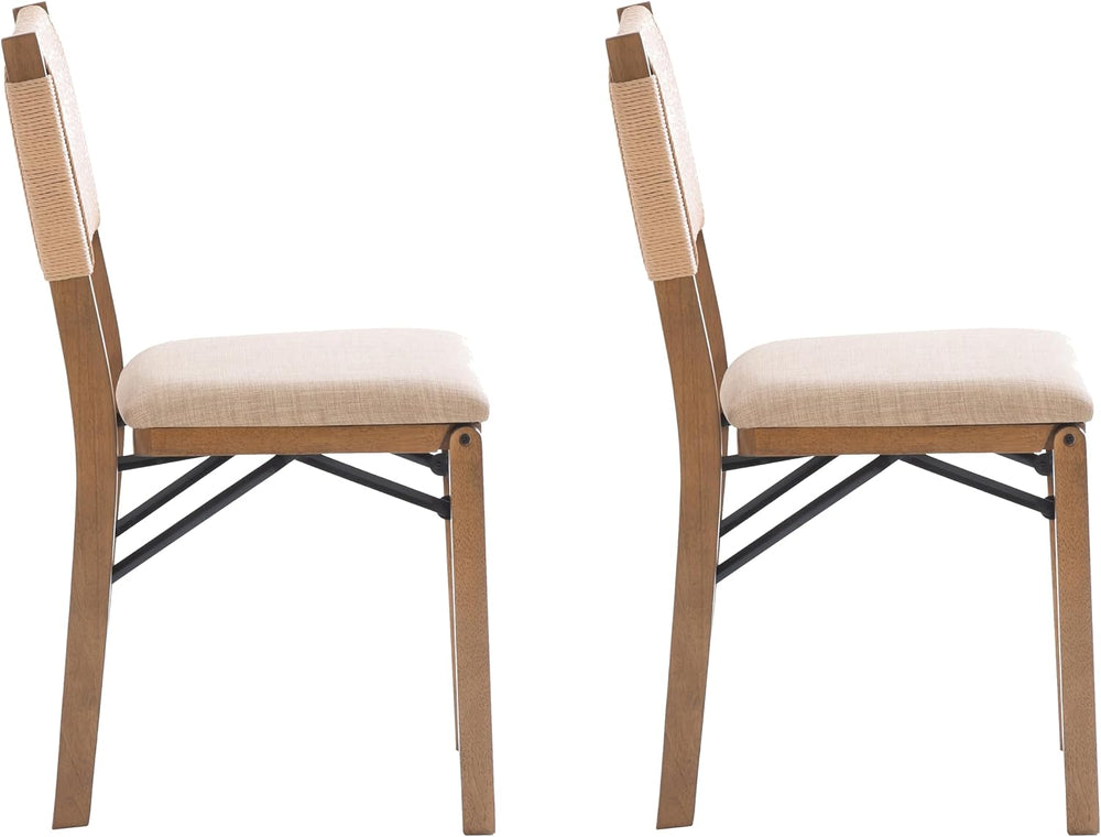 Bennett Natural Folding Chair with Rope Back and Linen Upholstered Seat Set o...