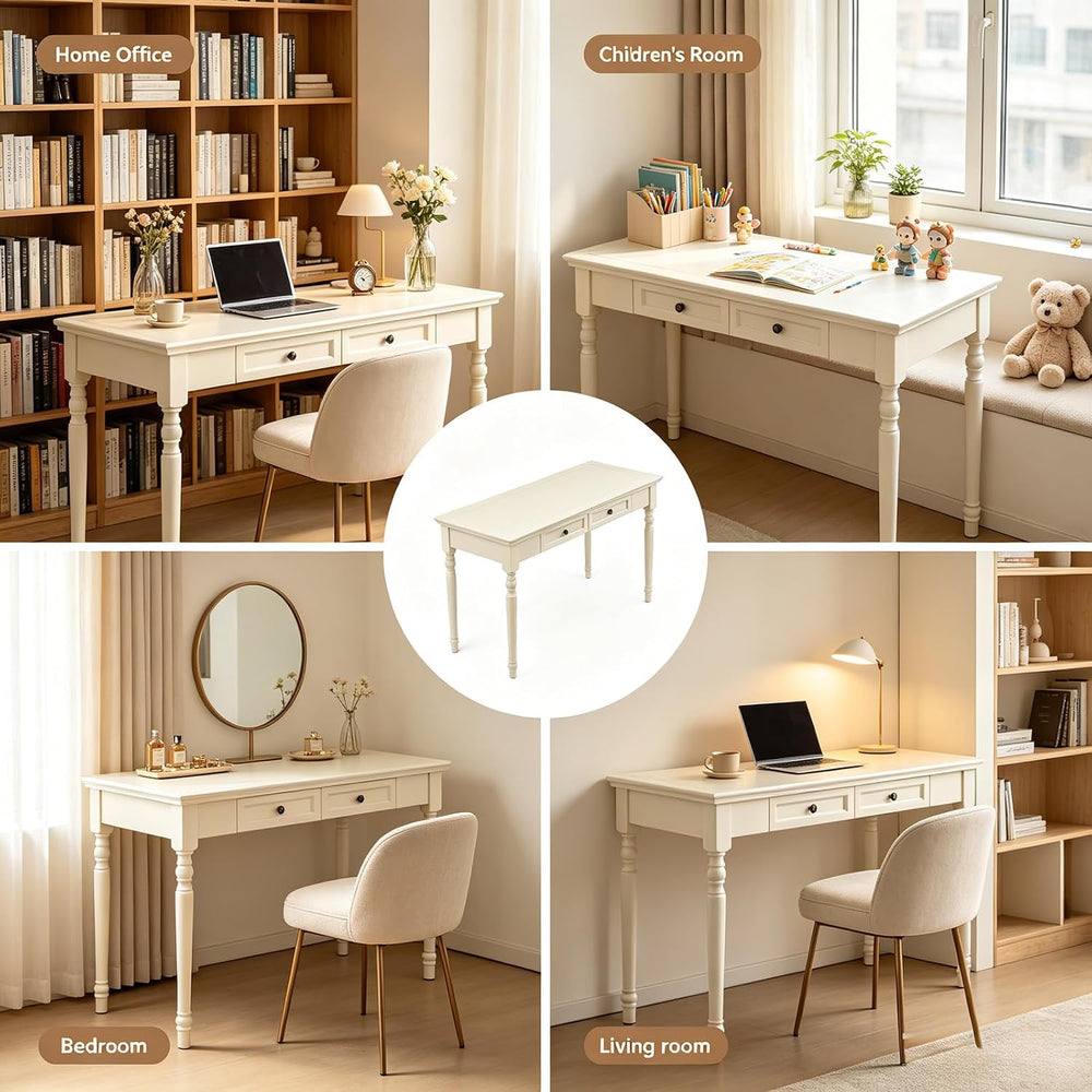 French Country Style Writing Desk with Drawers, White, 47''