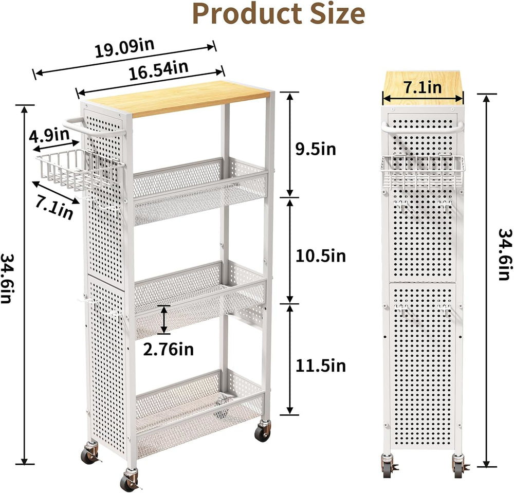 Slim Storage Rolling Cart: 4-Tier Narrow Metal & Wood Utility Cart with W...