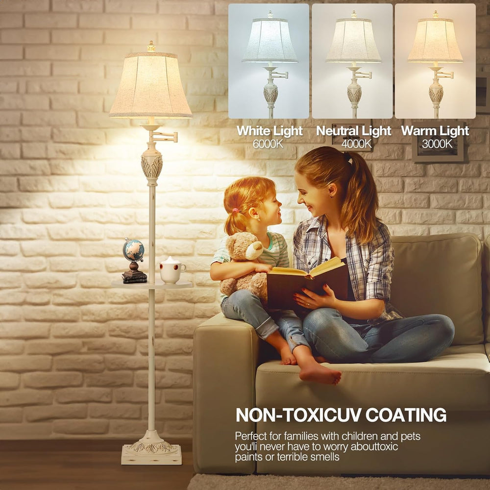 Traditional Floor Lamp with Tray, Remote Dimmable, 350° Swing Arm and White