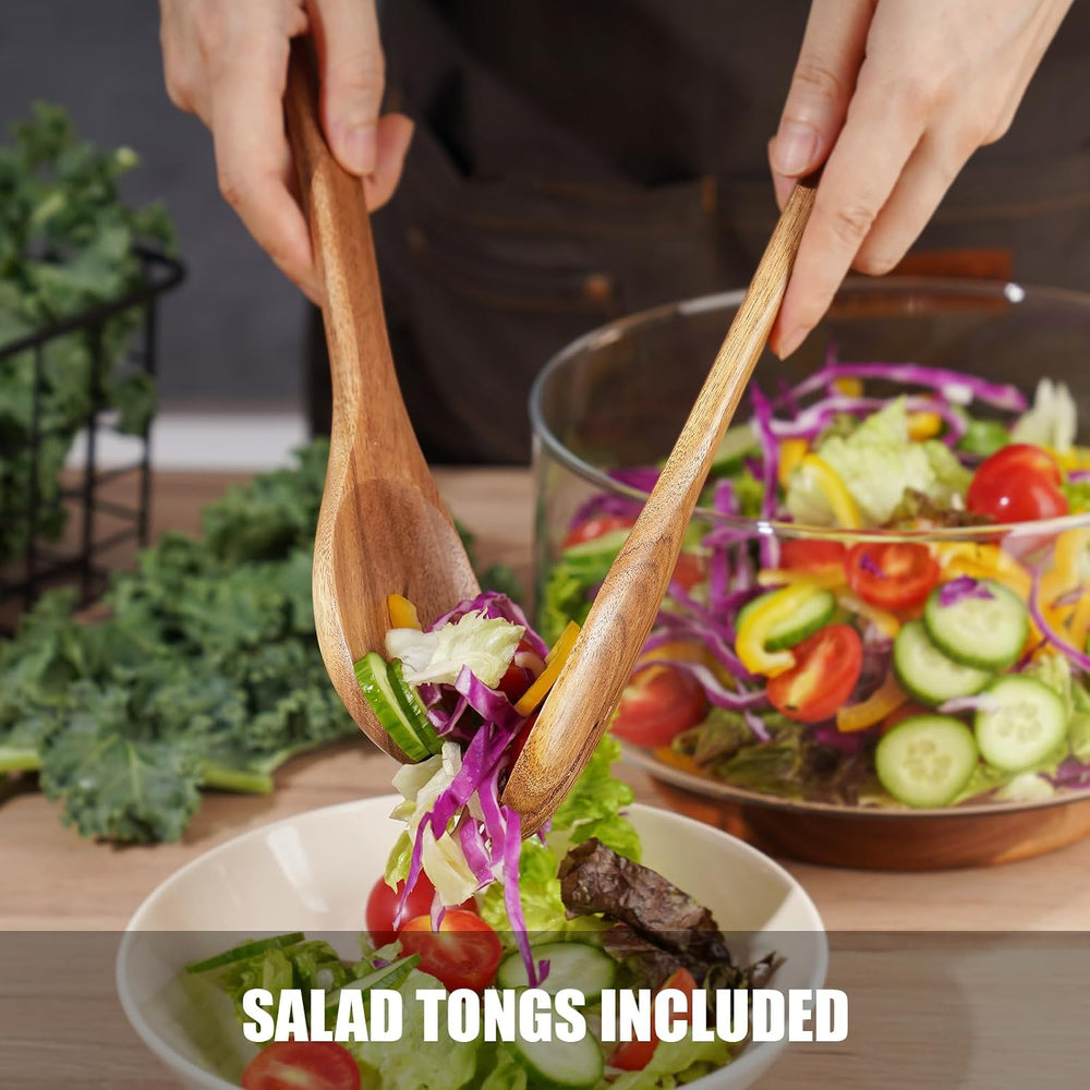 NiHome Glass Salad Bowl with Acacia Wood Salad Tongs, Large Capacity Design w...