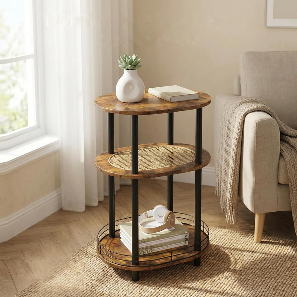 Small Rattan Side Table with Storage, 3 Tier Round/Oval End Table with Rattan...